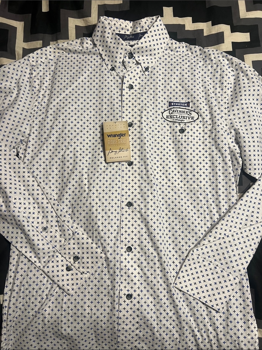 Wrangler White Button-Down Shirt with Navy Cross Print